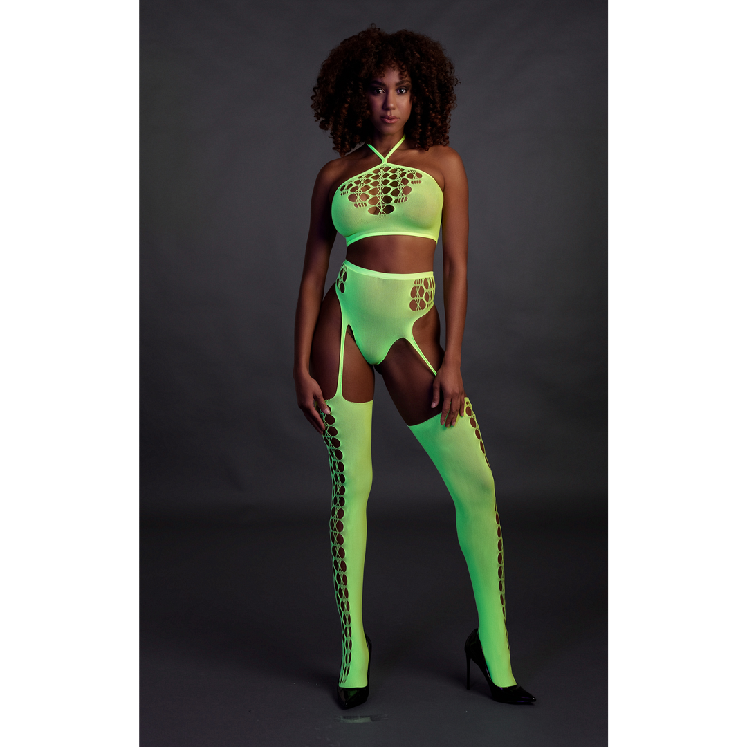 Zweiteilig mit Crop-Top und Strümpfen - Einheitsgröße - Neon-Grün