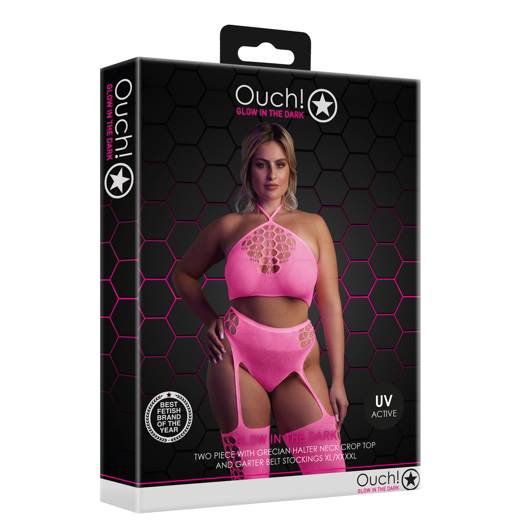 Zwei-Teiler mit Crop-Top und Strümpfen - Große Größe - Neonpink