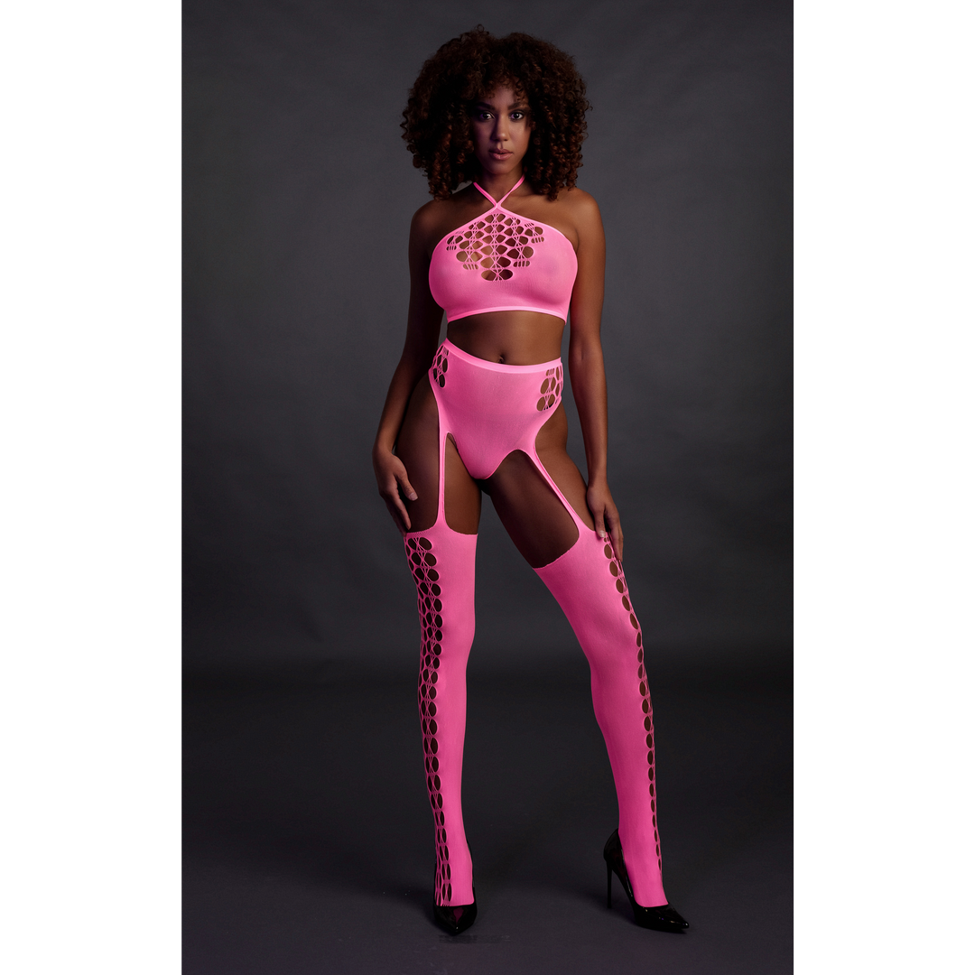 Zwei Teile mit Crop-Top und Strümpfen - Einheitsgröße - Neonpink