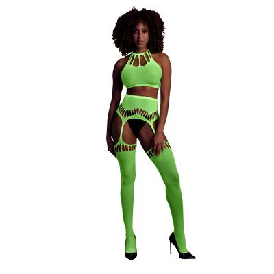 Zwei Teile mit Crop-Top und Strümpfen - Einheitsgröße - Neon Grün