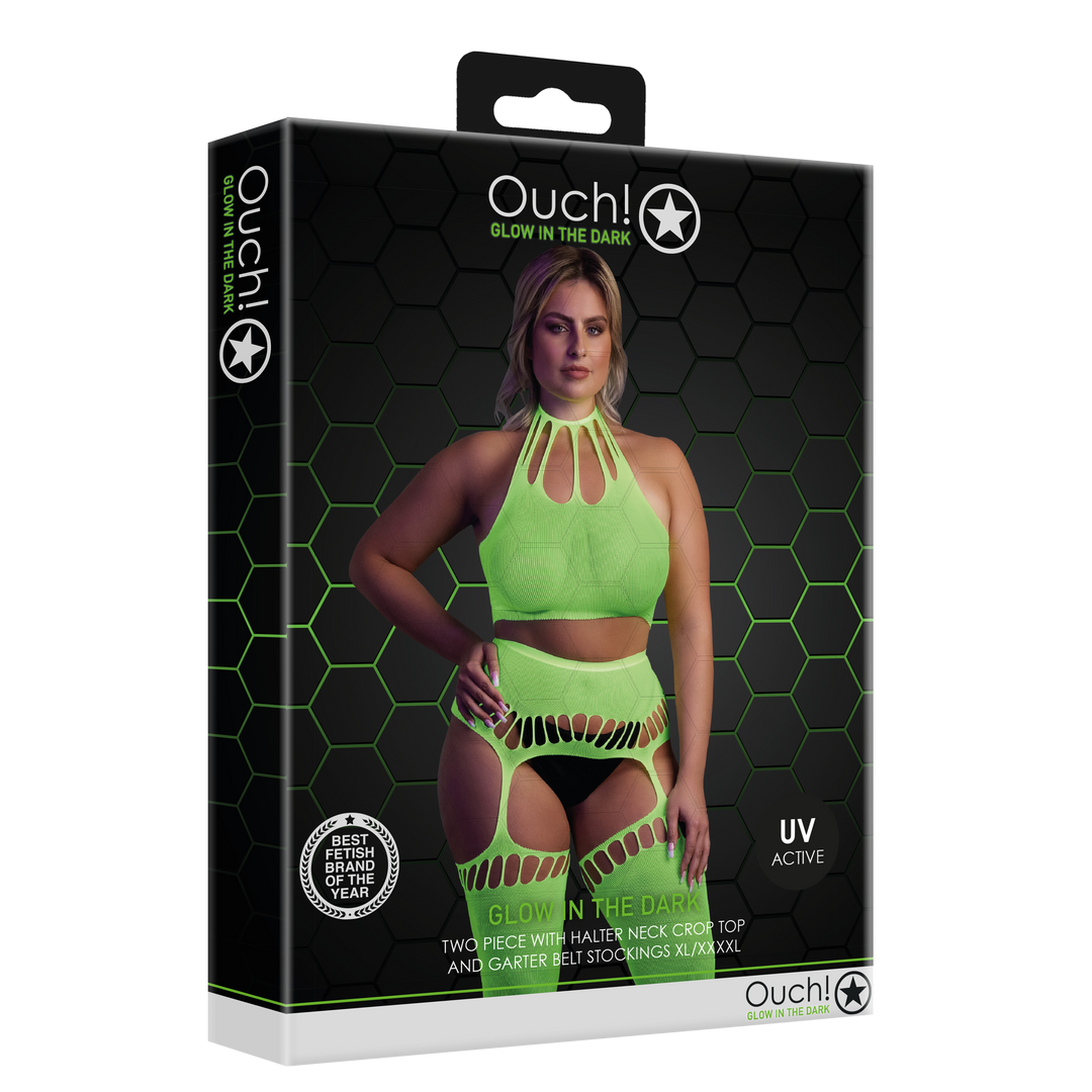 Zweiteiler mit Crop-Top und Strümpfen - Plus Size - Neon Grün