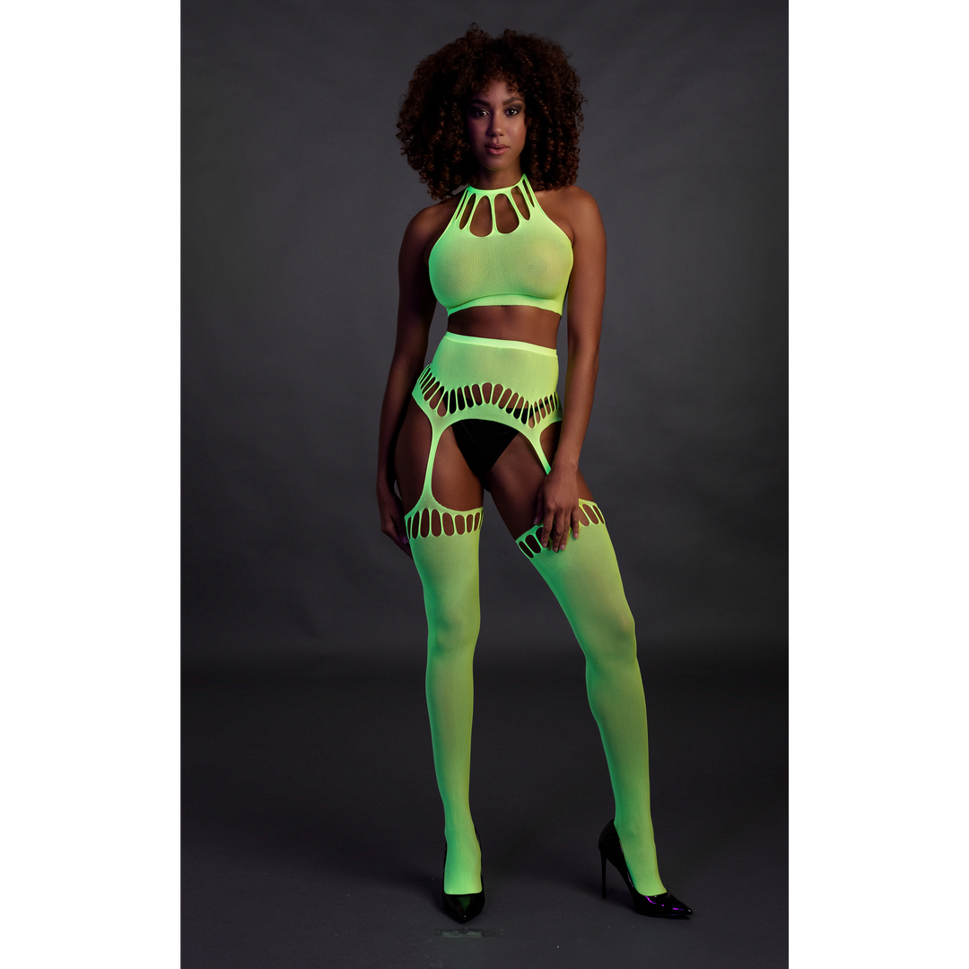 Zwei Teile mit Crop-Top und Strümpfen - Einheitsgröße - Neon Grün