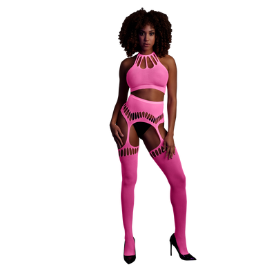 Zwei Teile mit Crop-Top und Strümpfen - Einheitsgröße - Neonpink