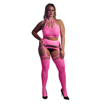 Zwei Teile mit Crop-Top und Strümpfen - Plus-Size - Neonpink