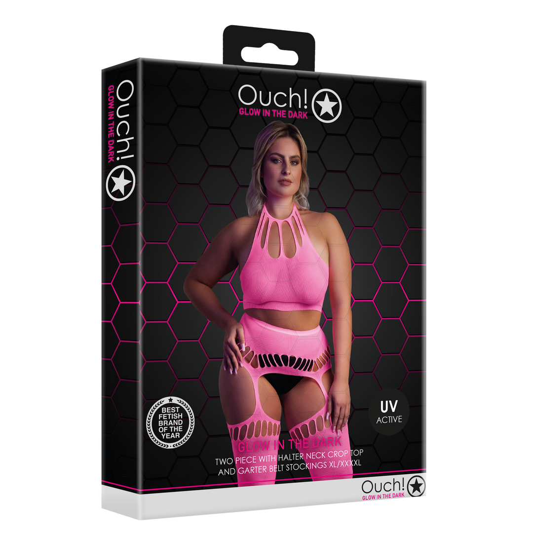 Zwei Teile mit Crop-Top und Strümpfen - Plus-Size - Neonpink