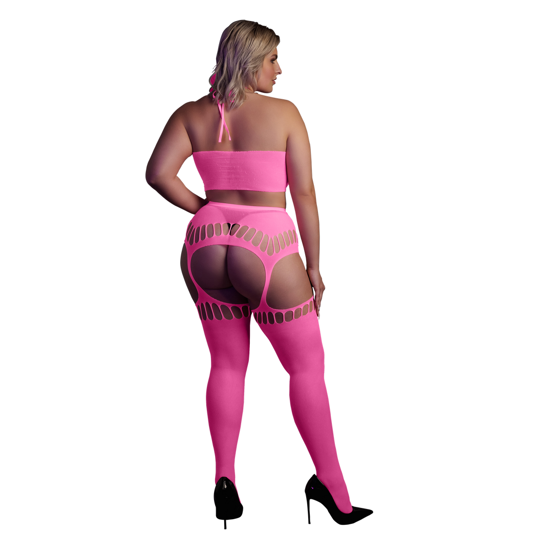 Zwei Teile mit Crop-Top und Strümpfen - Plus-Size - Neonpink