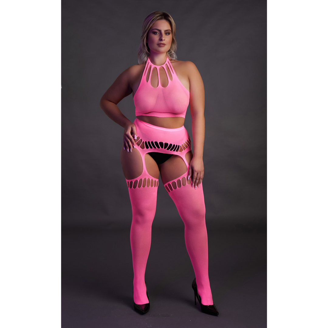 Zwei Teile mit Crop-Top und Strümpfen - Plus-Size - Neonpink