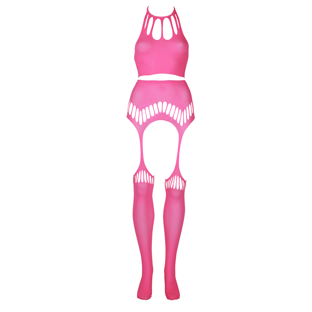 Zwei Teile mit Crop-Top und Strümpfen - Plus-Size - Neonpink