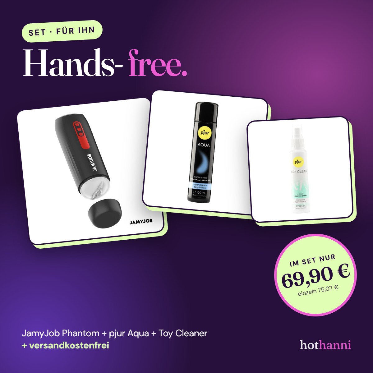 Set „Hands-free“ – JamyJob Phantom, Gleitgel & Toy Cleaner