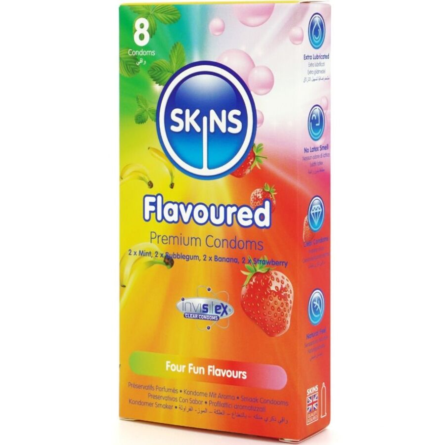 SKINS - PREMIUM-KONDOME MIT VERSCHIEDENEN GESCHMACKSRICHTUNGEN, 8ER-PACK