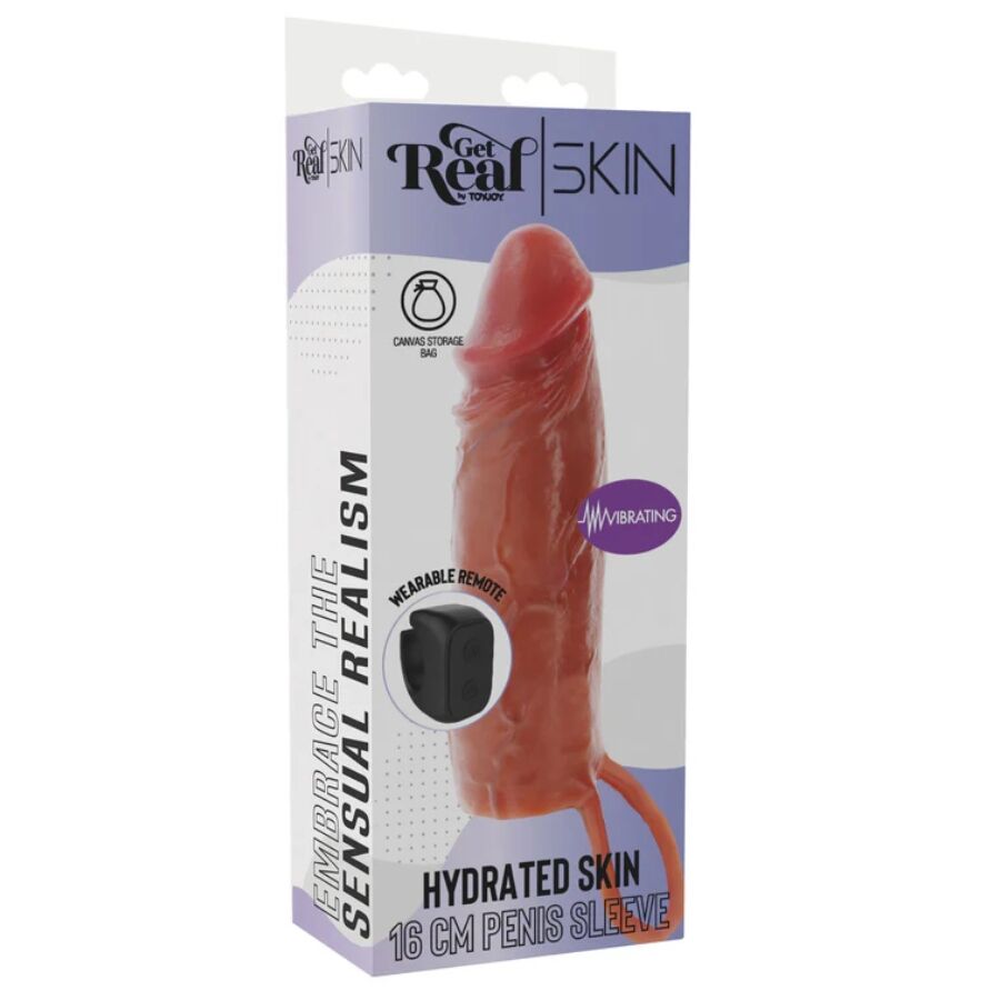 GET REAL – FEUCHTIGKEITSSPENDENDE SILIKON-VIBRATIONS-PENISHÜLLE IN KARAMELL, 16 CM