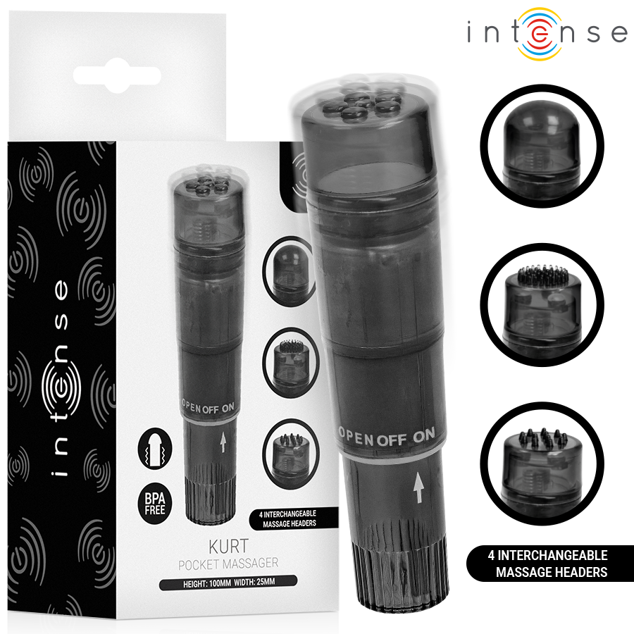 INTENSE - KURT MINI-MASSAGEGERÄT MIT 4 AUSTAUSCHBAREN AUFSÄTZEN SCHWARZ
