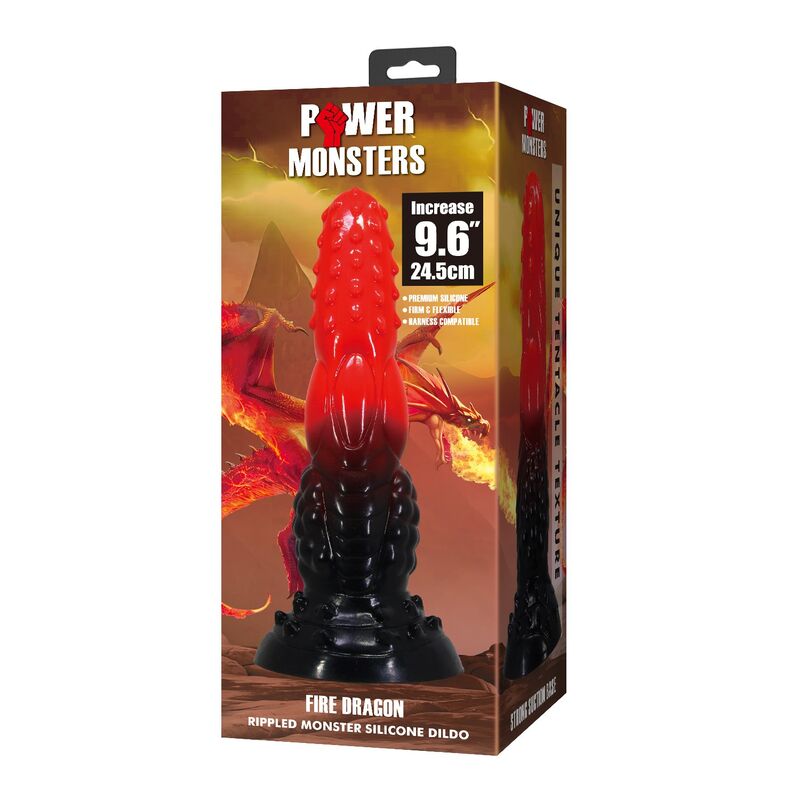 POWER MONSTERS – FEUERDRACHEN-FANTASIE-DILDO MIT SAUGNAPF 24,5 CM Ø 5,8 CM ROT & SCHWARZ