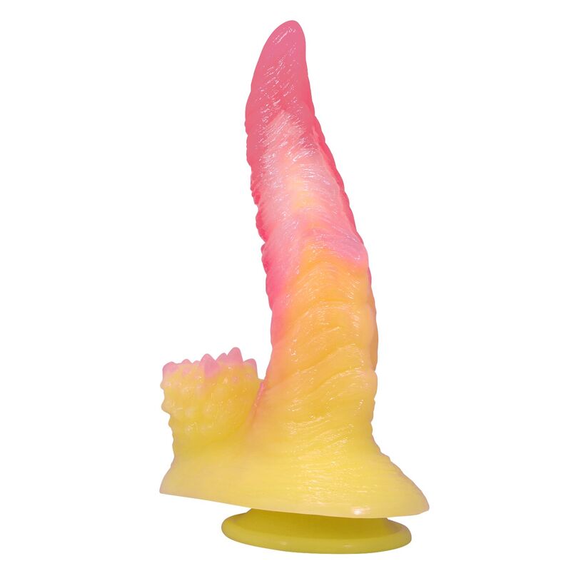 POWER MONSTERS - RIPPLIED MONSTER FANTASY DILDO MIT SAUGKAPSEL 22,5 CM Ø 5,5 CM PINK & GELB