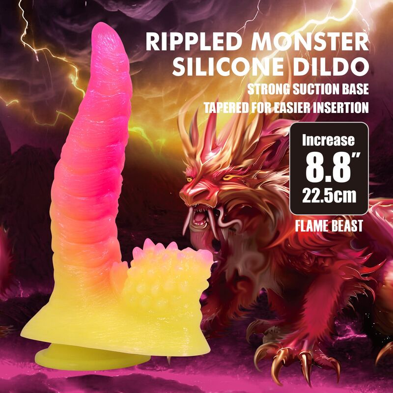 POWER MONSTERS - RIPPLIED MONSTER FANTASY DILDO MIT SAUGKAPSEL 22,5 CM Ø 5,5 CM PINK & GELB