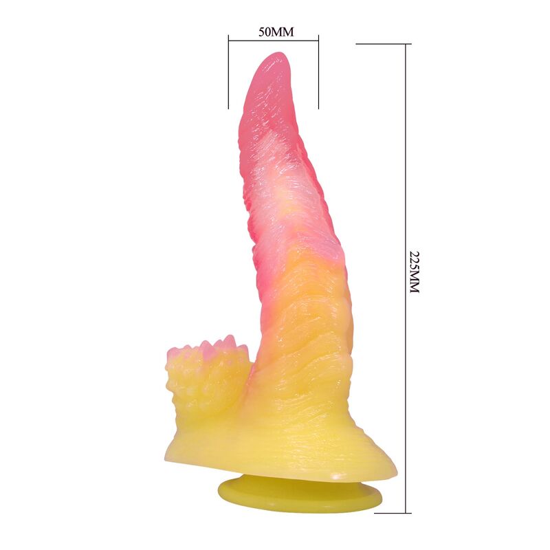 POWER MONSTERS - RIPPLIED MONSTER FANTASY DILDO MIT SAUGKAPSEL 22,5 CM Ø 5,5 CM PINK & GELB