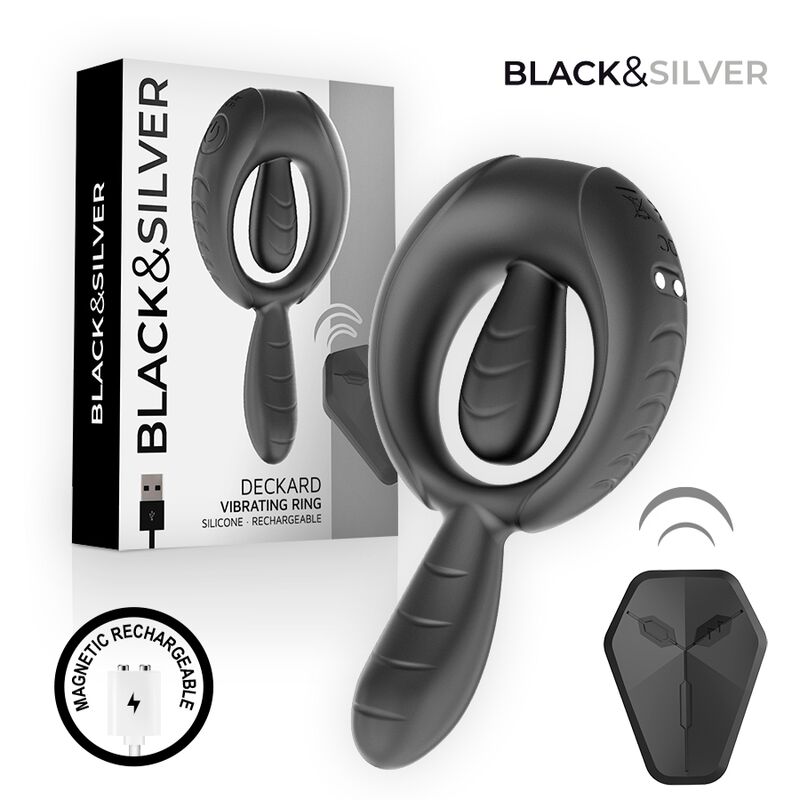 Black & Silver – Deckard Wiederaufladbarer Vibrationsring mit Fernbedienung Schwarz