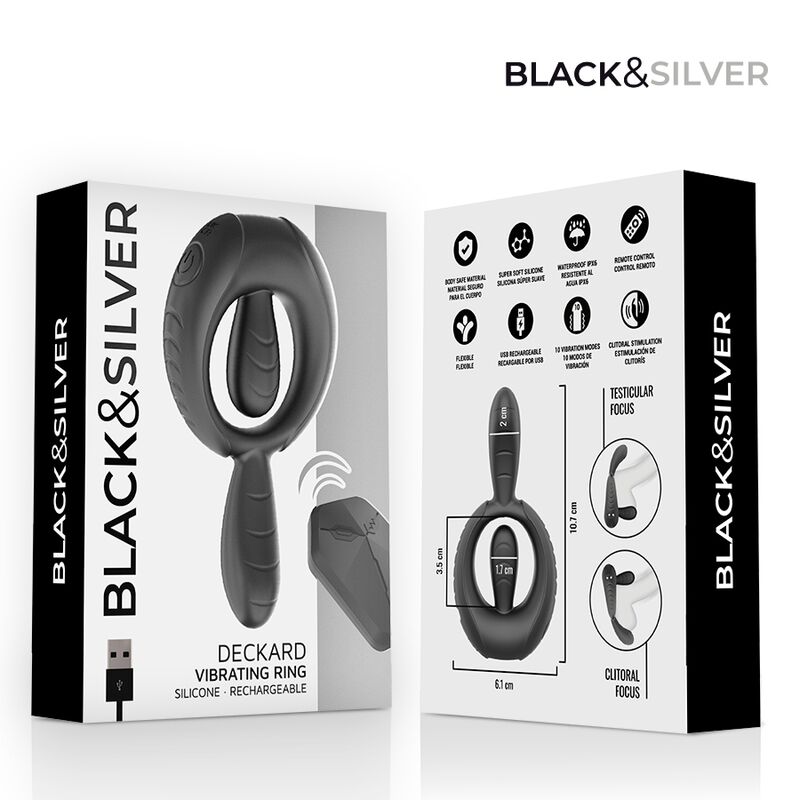 Black & Silver – Deckard Wiederaufladbarer Vibrationsring mit Fernbedienung Schwarz