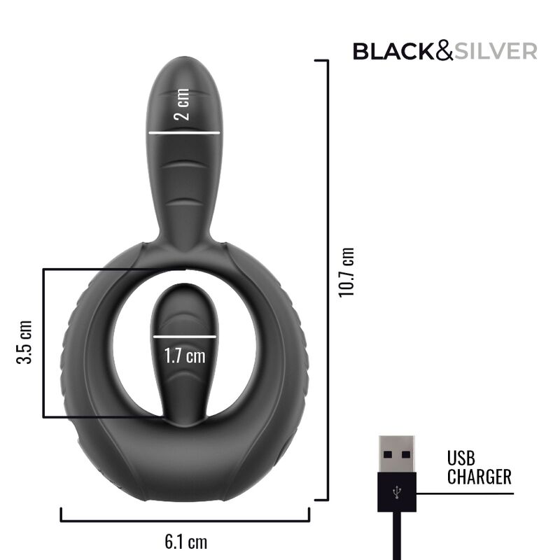 Black & Silver – Deckard Wiederaufladbarer Vibrationsring mit Fernbedienung Schwarz