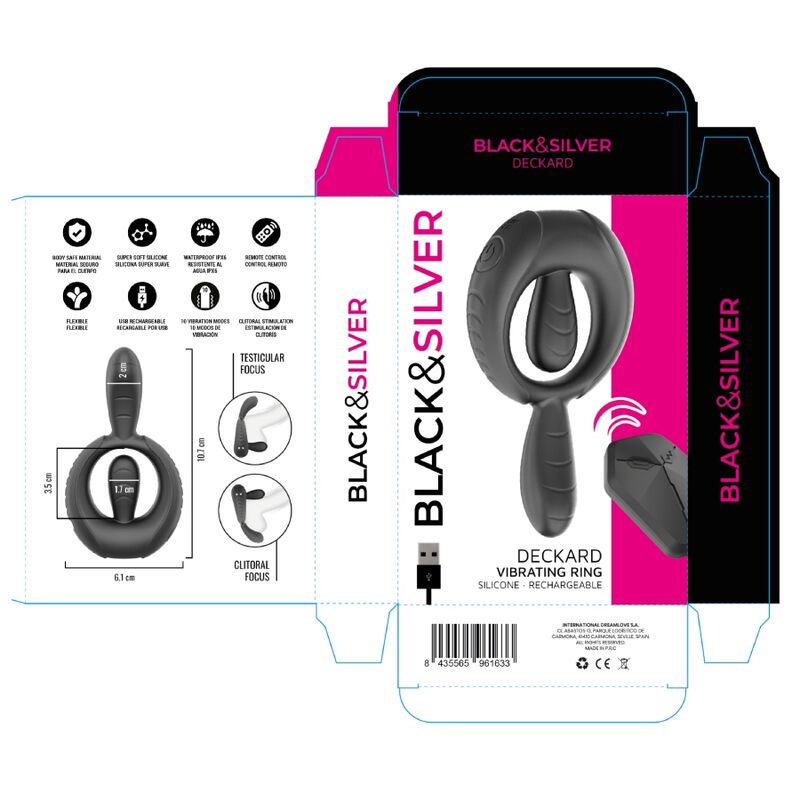 Black & Silver – Deckard Wiederaufladbarer Vibrationsring mit Fernbedienung Schwarz