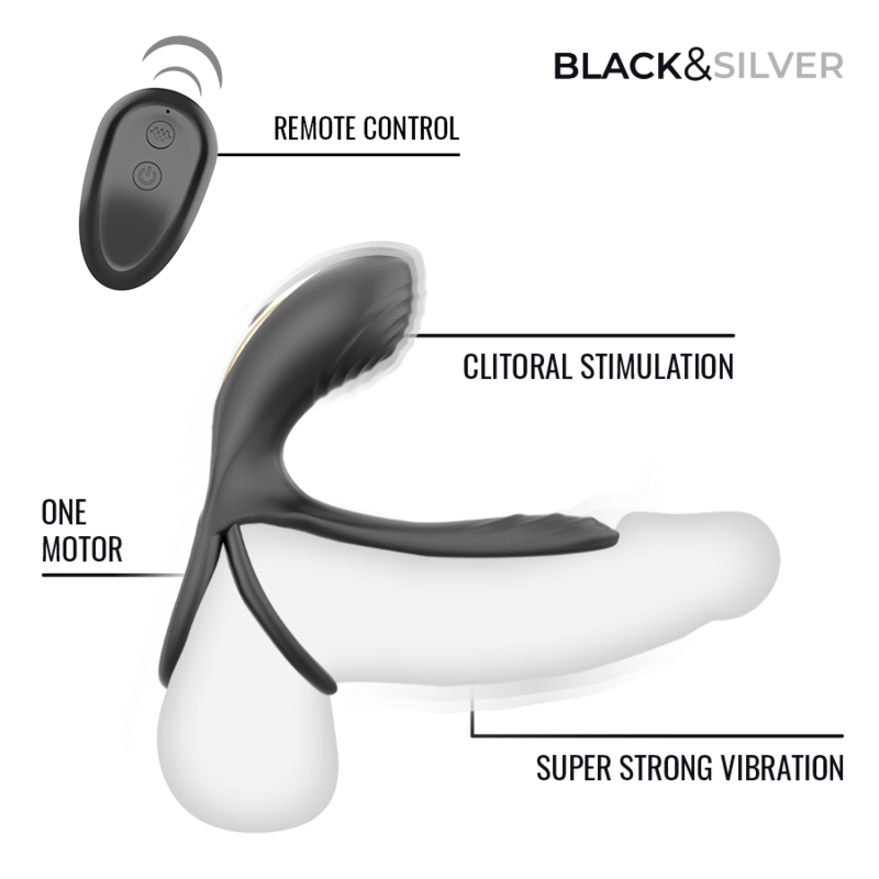 Black & Silver – Wiederaufladbarer Vibrationsring von Ripley mit Fernbedienung Schwarz