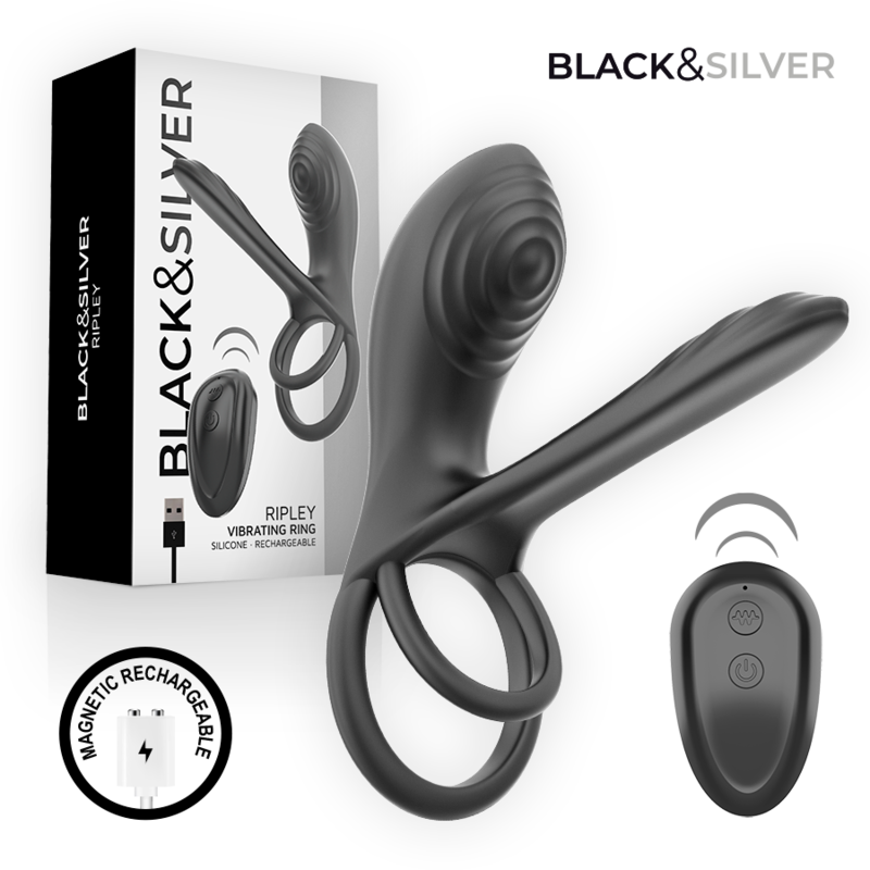 Black & Silver – Wiederaufladbarer Vibrationsring von Ripley mit Fernbedienung Schwarz