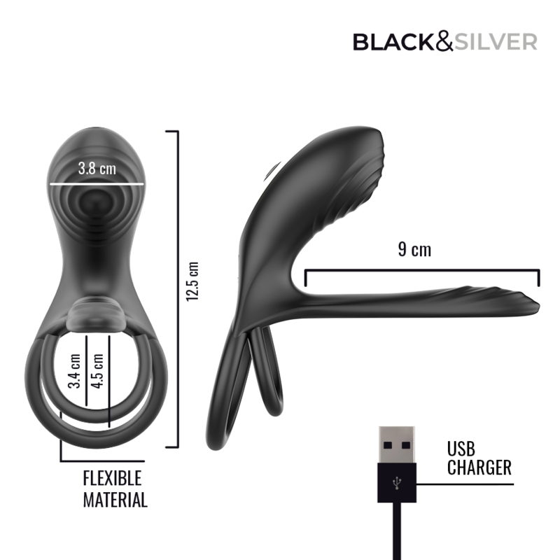 Black & Silver – Wiederaufladbarer Vibrationsring von Ripley mit Fernbedienung Schwarz
