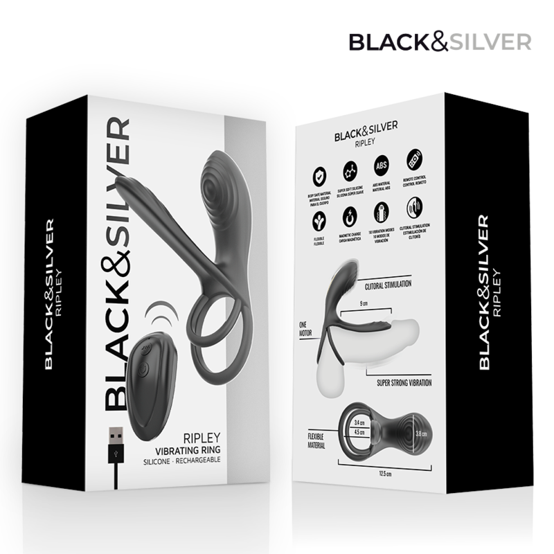 Black & Silver – Wiederaufladbarer Vibrationsring von Ripley mit Fernbedienung Schwarz