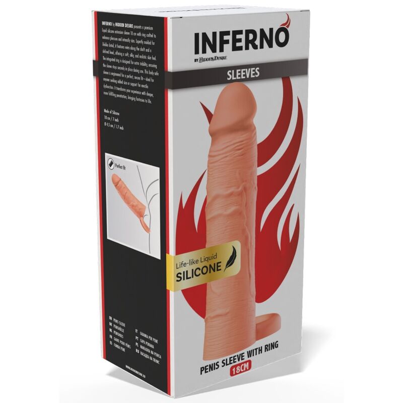 Hidden Desire – Inferno Flüssigsilikon-Verlängerungshülse mit Ring, 18 cm Ø 4,5 cm – Hautton