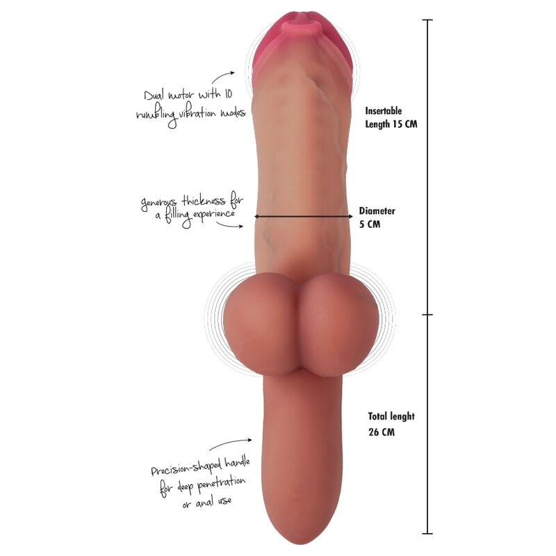 Hidden Desire – Pierced Punisher: Realistischer Vibrationsdildo aus Flüssigsilikon mit 2 Motoren, 26 cm Länge, 5 cm Durchmesser, Hautfarbe.