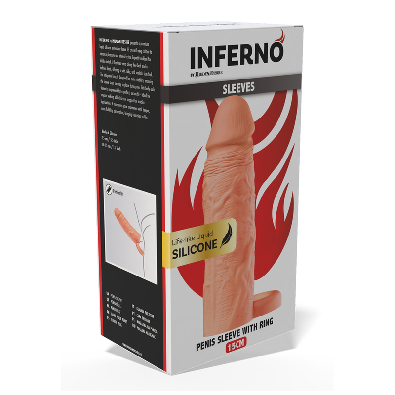 Hidden Desire – Inferno Flüssigsilikon-Verlängerungshülse mit Ring – 15 cm – Ø 4,5 cm – Hautton