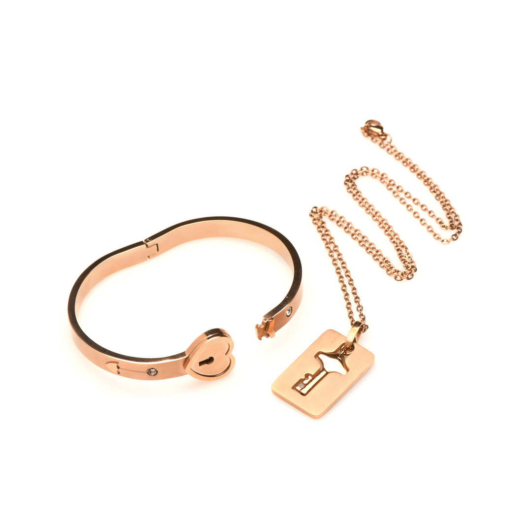 Geknöpfter Schlossarmband und Schlüssel-Halskette - Roségold