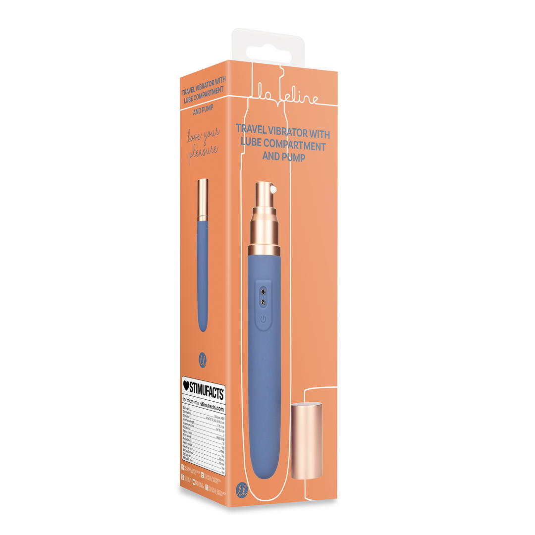 Travel Vibrator with Lube Compartment and Pump - Blue Horizon