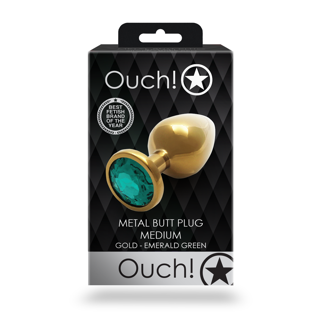 Round Gem Butt Plug - Medium - Gold/Emerald Green