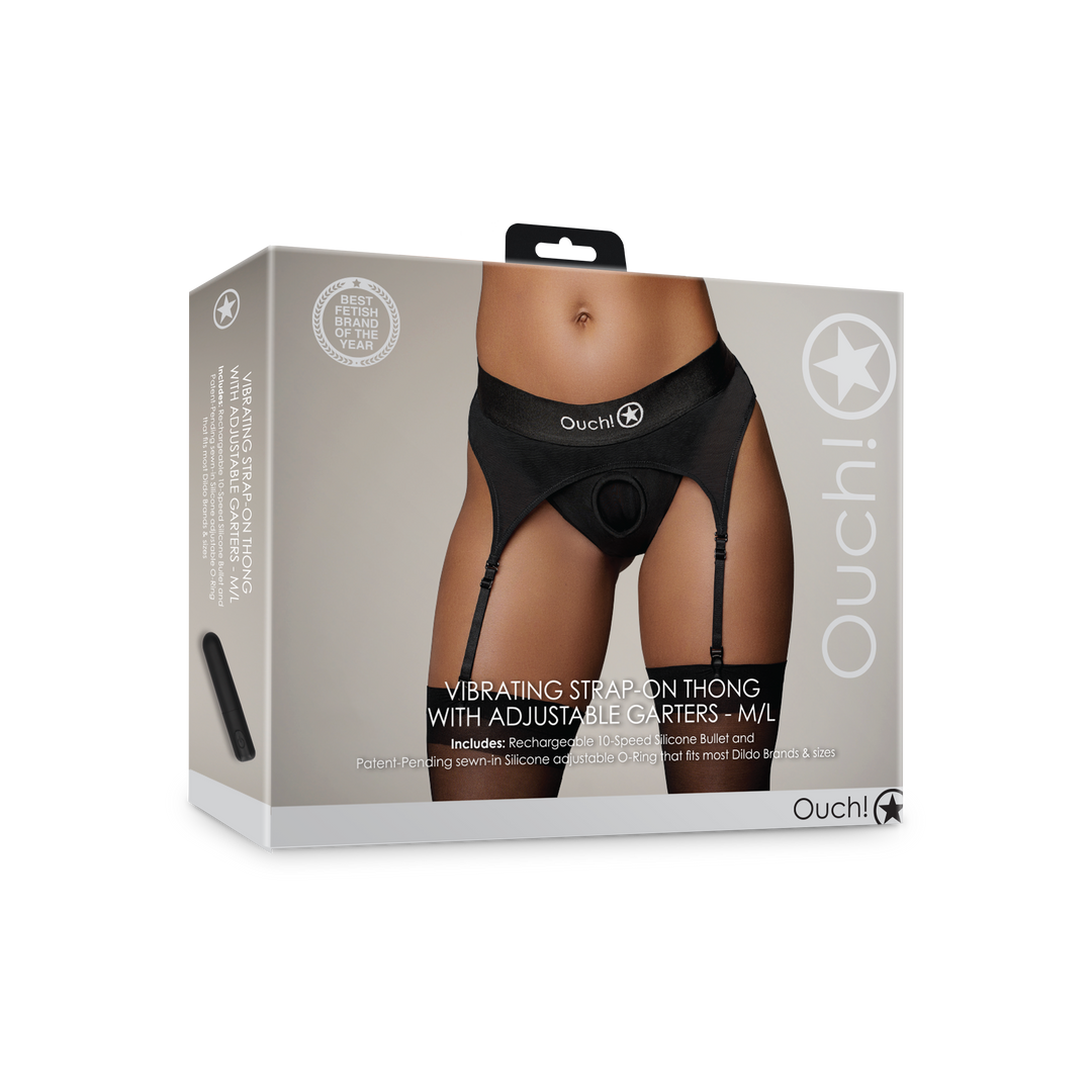 Vibrating Strap-on Thong with Adjustable Garters - M/L - Black