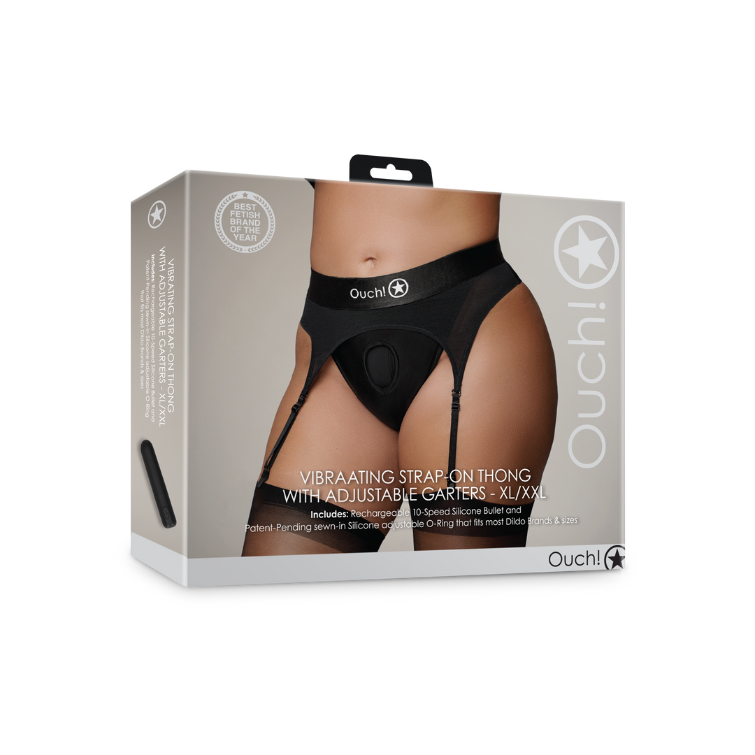 Vibrating Strap-on Thong with Adjustable Garters - XL/XXL - Black