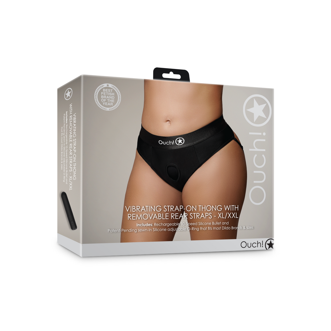 Vibrating Strap-on Thong with Removable Butt Straps - XL/XXL - Black