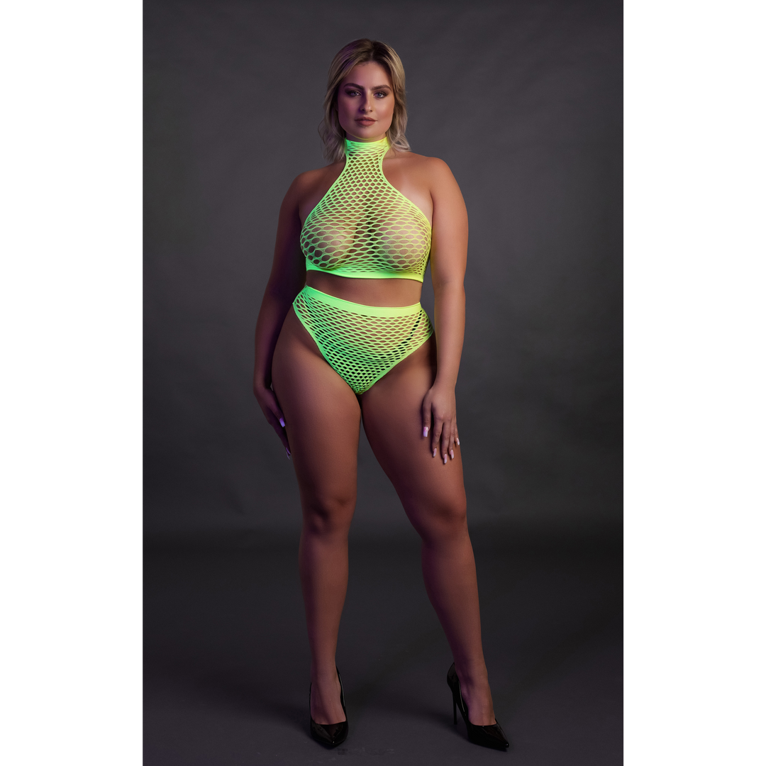 Turtle Neck and High Waist Slip - Plus Size - Neon Green