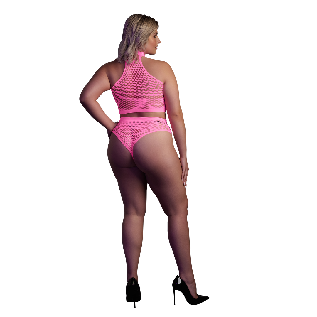 Turtle Neck and High Waist Slip - Plus Size - Neon Pink