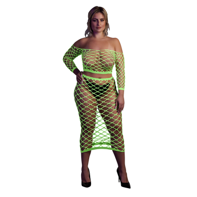 Long Sleeve Crop Top and Long Skirt - Plus Size - Neon Green