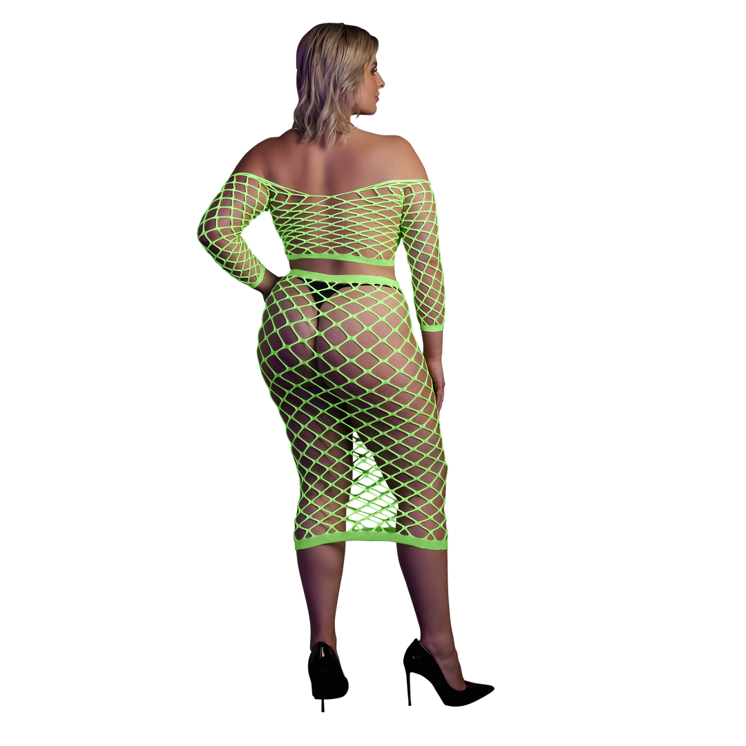 Long Sleeve Crop Top and Long Skirt - Plus Size - Neon Green