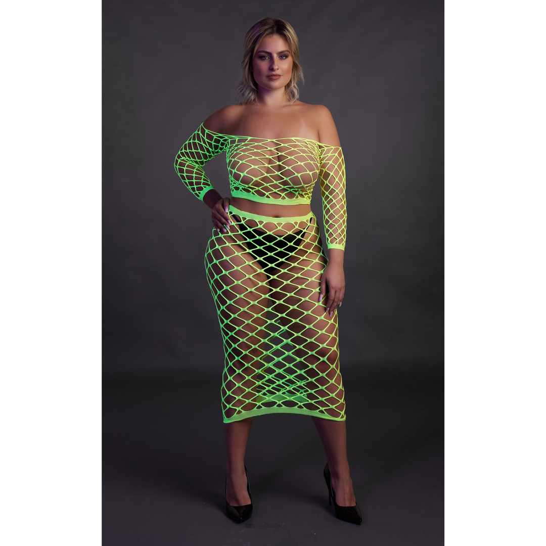 Long Sleeve Crop Top and Long Skirt - Plus Size - Neon Green