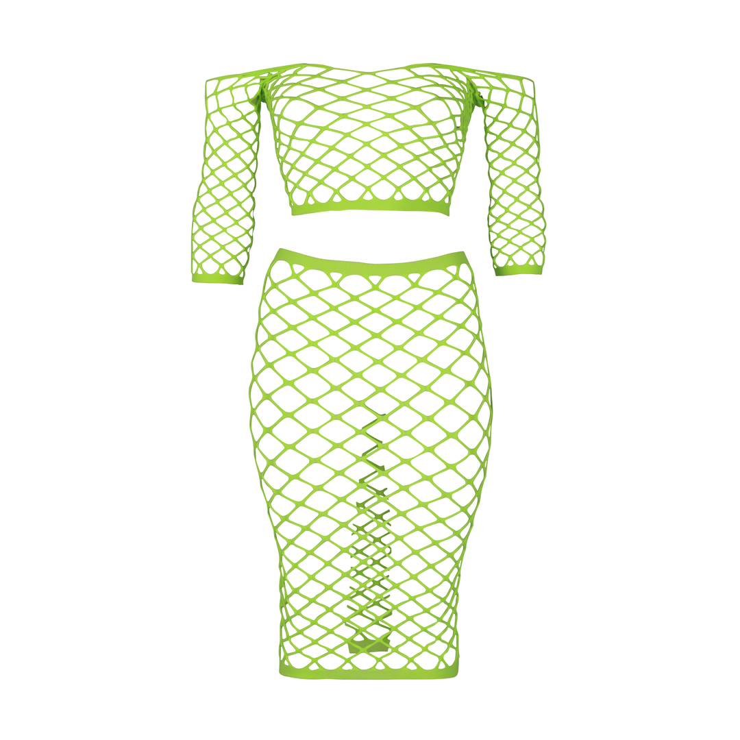 Long Sleeve Crop Top and Long Skirt - Plus Size - Neon Green