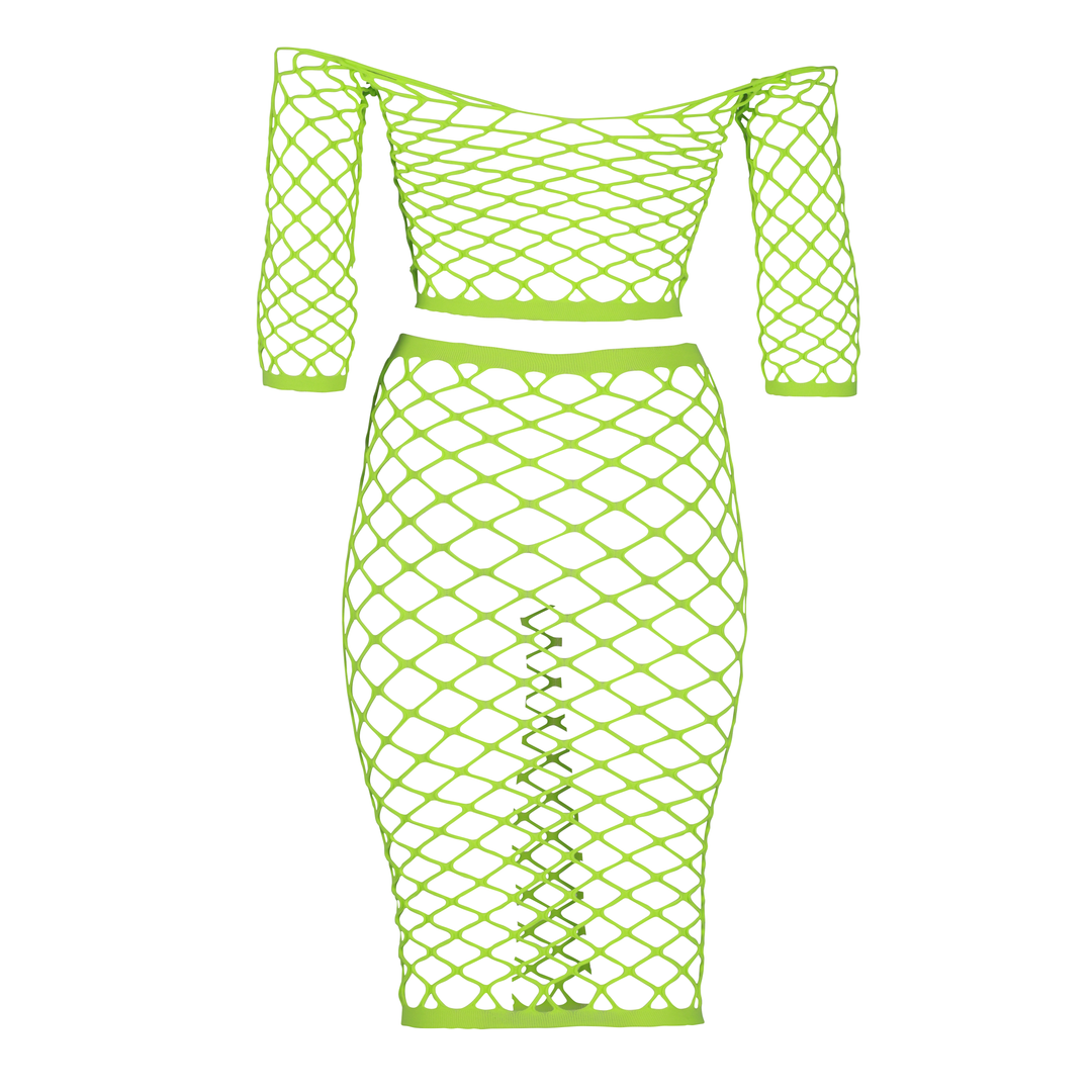 Long Sleeve Crop Top and Long Skirt - Plus Size - Neon Green