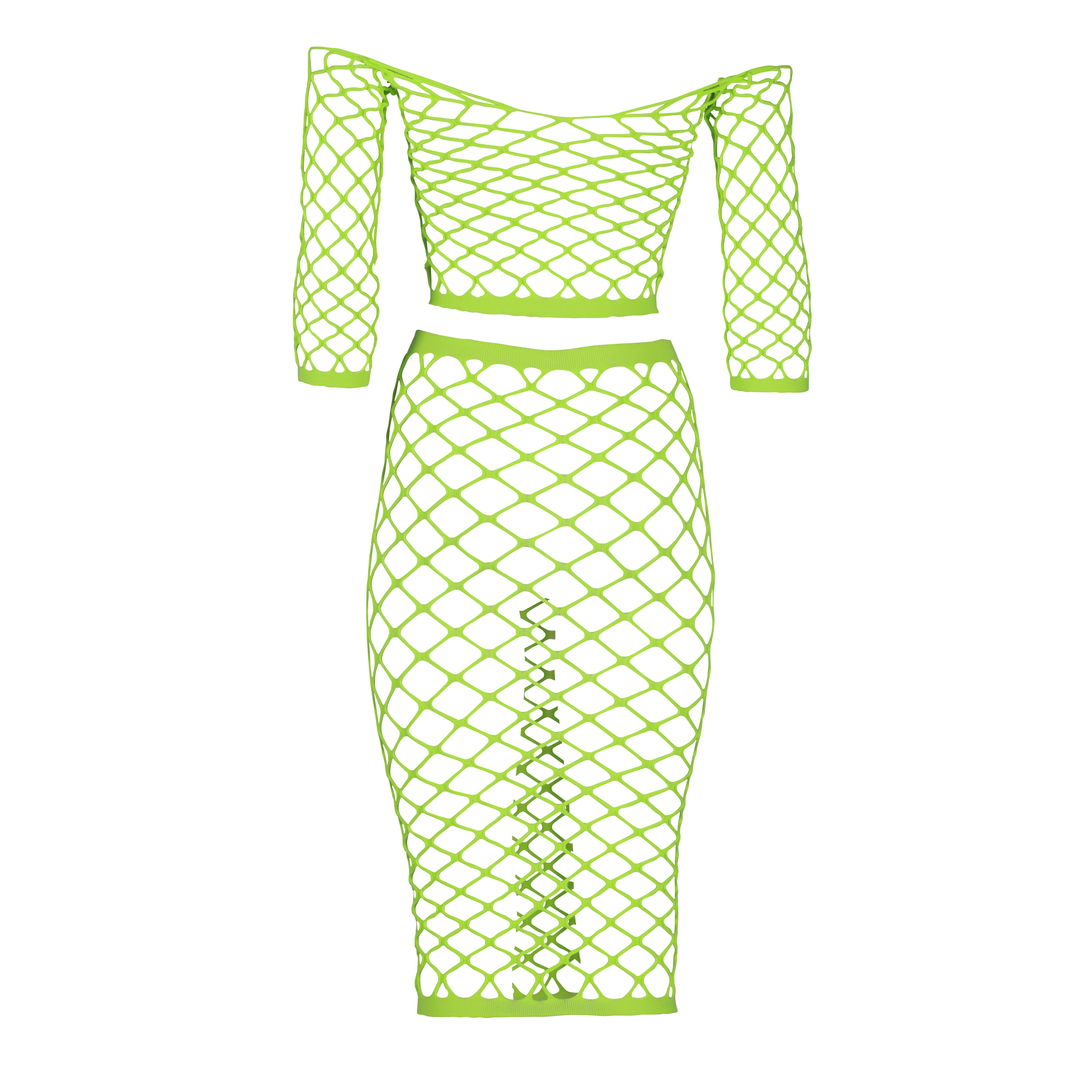 Long Sleeve Crop Top and Long Skirt - One Size - Neon Green