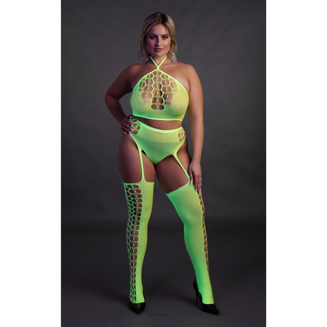 Two Piece with Crop Top and Stockings - Plus Size - Neon Green