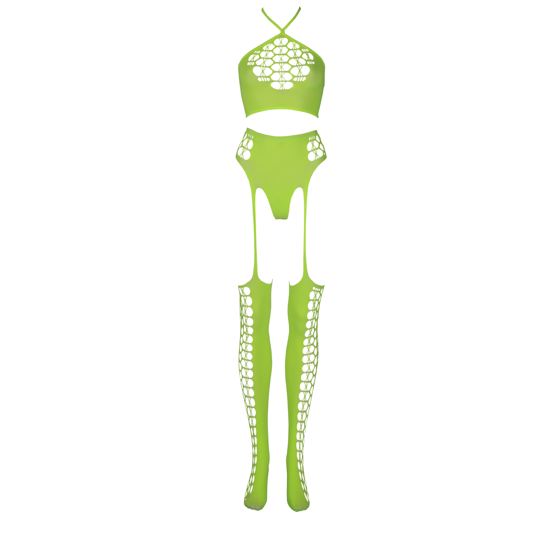 Two Piece with Crop Top and Stockings - One Size - Neon Green