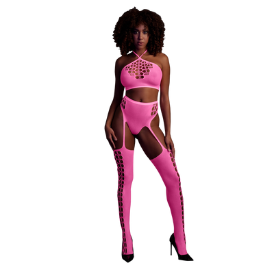 Two Piece with Crop Top and Stockings - One Size - Neon Pink