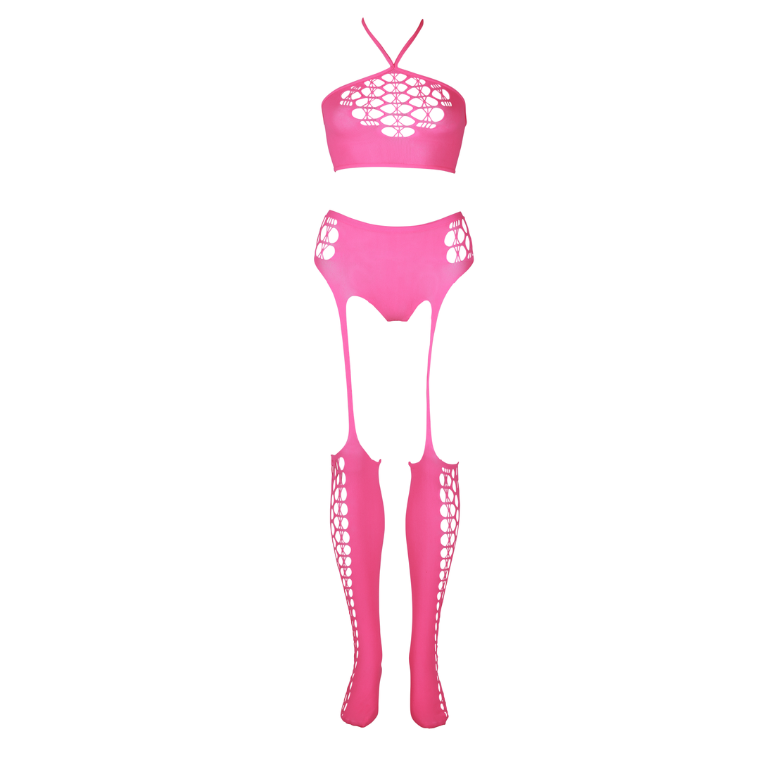 Two Piece with Crop Top and Stockings - Plus Size - Neon Pink