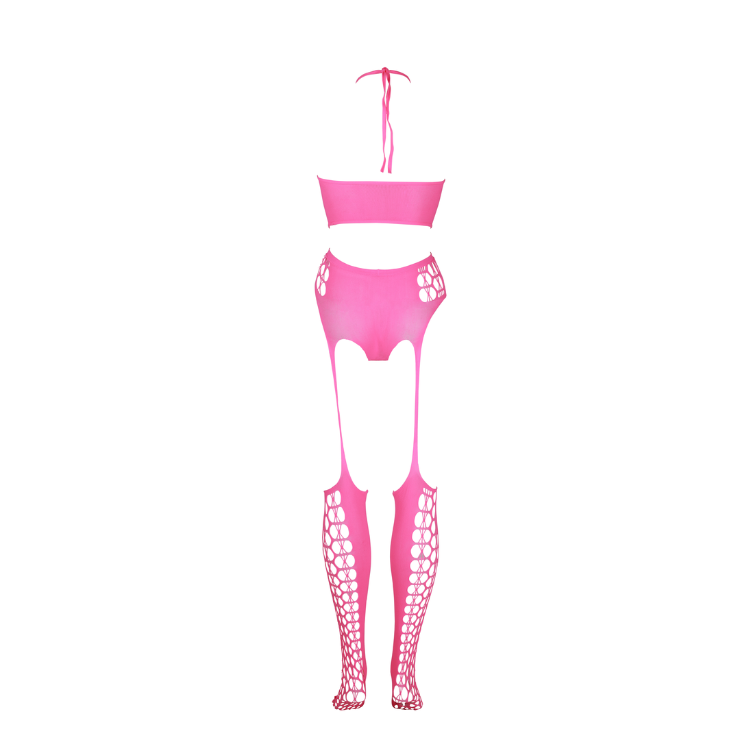 Two Piece with Crop Top and Stockings - Plus Size - Neon Pink